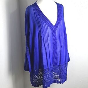 Hannah Royal Blue Tunic Top or Bathing Suit Cover-up, Lacey Embroidery, Size 2X
